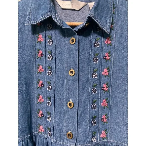 Vintage Stonybrook Women's Blue‎ Denim Floral Button Dress with Tie Size Small - Picture 3 of 10